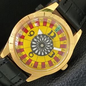 Vintage 1973 Roulette Manual Mens Gold Watch W/Leather Strap & Yellow accents